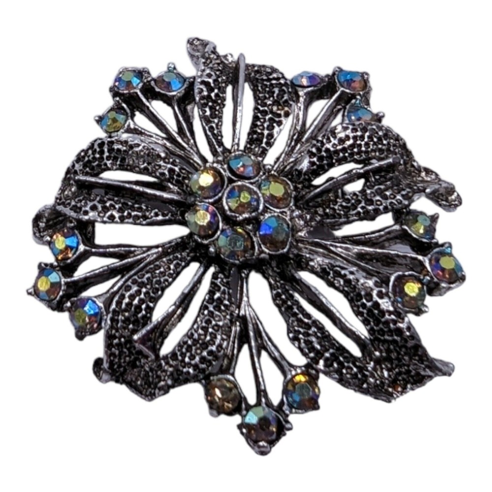 Vintage Aurora Borealis Rhinestone Silver Tone Flower Leaf Estate Brooch Pin - Picture 4 of 6